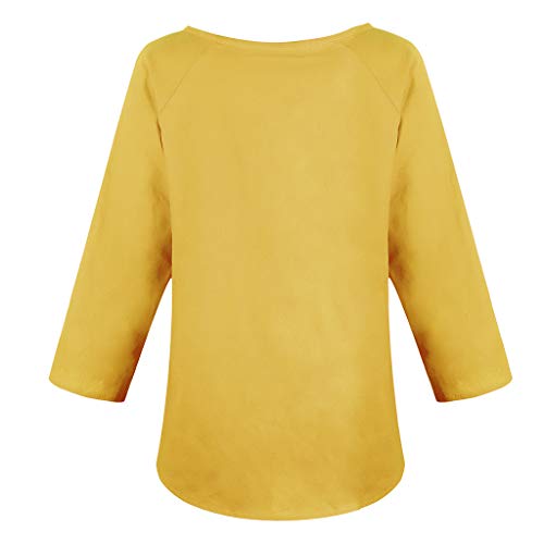 Ximandi Womens Casual Solid O-Neck 3/4 Sleeve Linen T-Shirt Ladies Summer Loose Top Blouse Yellow - Thumbnail 4