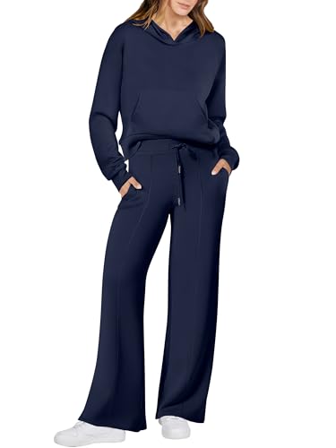 ANRABESS Womens Two Piece Outfits Hoodies Sweatsuits Fall Casual Loose Wide Leg Sweat Lounge Sets With Pockets Navy Blue Small