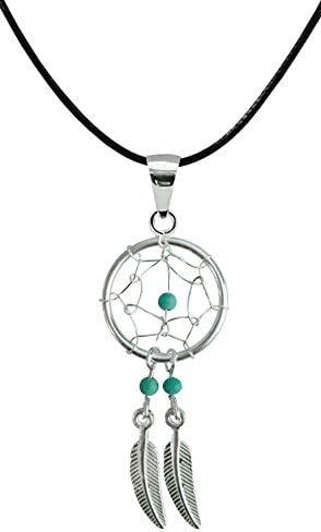Silver Dream catcher Pendant with turquoise genuine beads Comes with adjustable Japanese Silk Cord necklace.