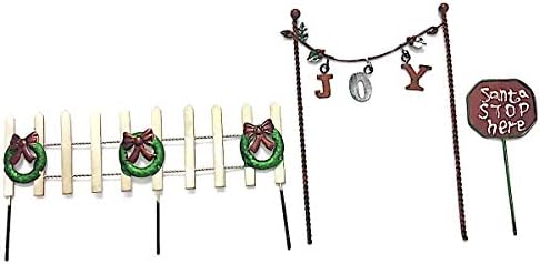 Miniature Fairy Garden, Doll House or Home Decor Christmas Decorations: Santa Stop Here Sign - Joy Banner and Fence with Wreaths - Perfect for Indoors or Out