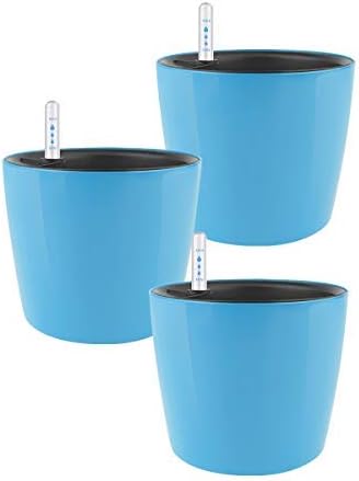 GrowLED 7 inch Self Watering Planter, Indoor Gardening Plant Pot, Window Box, Indoor Home Garden Modern Decorative Pot, Set of 3, Blue