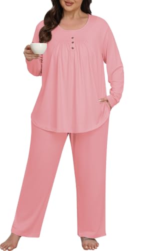 Lastshe Womens Plus Size Pajama Set Soft Long Sleeve Pocket Pink Red 1X at Amazon