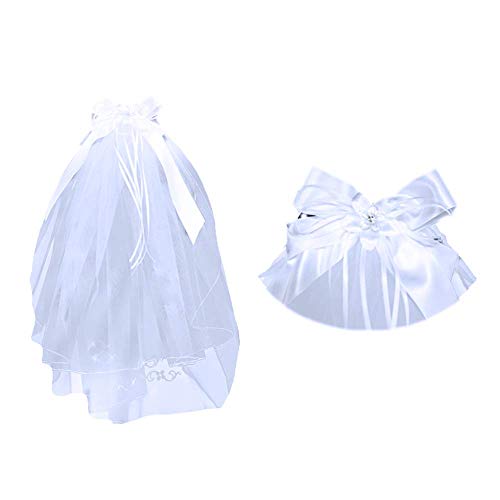 First Communion Bundle | Glove and Ribbon & Bow Veil Set | Catholic Girls Accessory Kit | Christian Apparel (Medium)