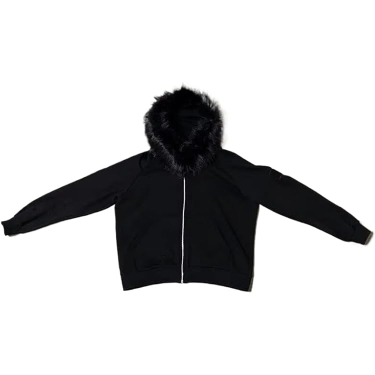 Ponitrack Unisex Zip Up Hoodie Men Fur Hood Jacket Grunge 2000s