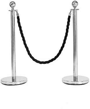 MissSnower Polished Steel Queue Rope Barrier Posts Stands 1.5m Twisted (2 Posts + 1 Rope, Black)
