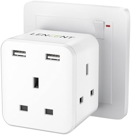 Compact Wall Outlet Extender With 2 AC Outlets And 3 USB Charging Ports – 5V 2A, 110V, 10A, Plug-In Style