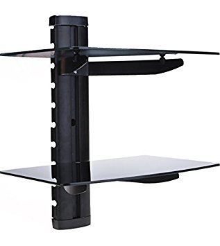 Evokem Wall Mount DVD DVR Bracket, Adjustable Dual Glass Shelf for DVD Players, Cable, Boxes, Games, Consoles and TV Accessories