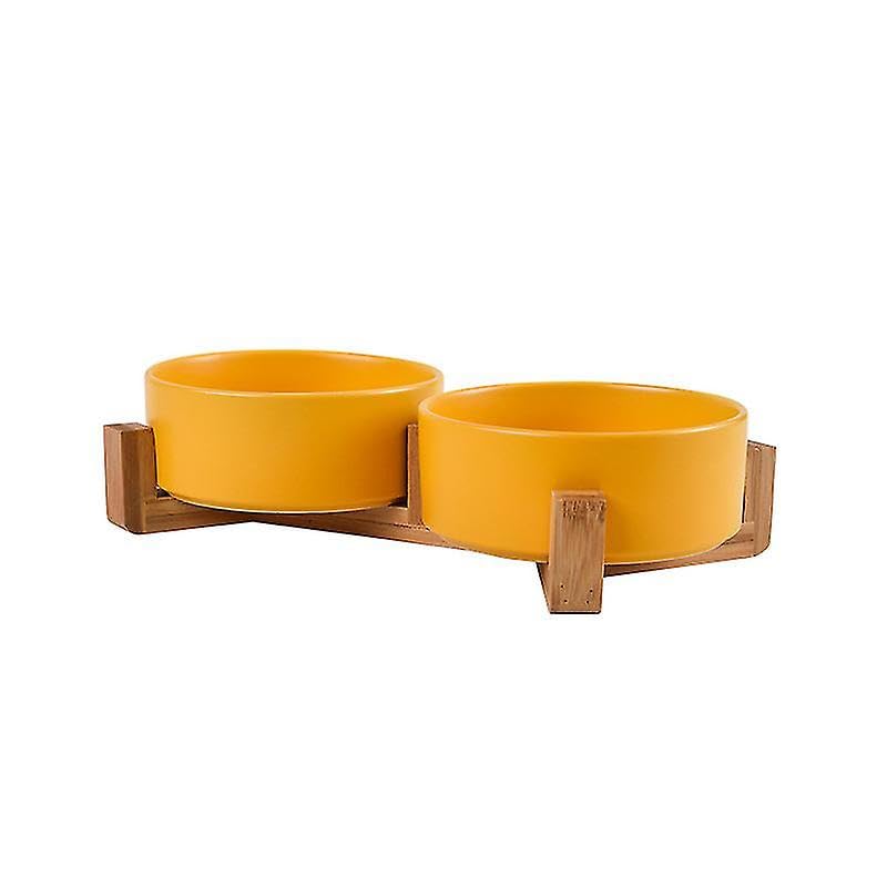 Bowls for Dogs and Cats Ceramic Bowls Raised with Bamboo Holders Ceramic Raised Bowls with Wooden Holders (DOUBLE 13.5 CM, YELLOW)