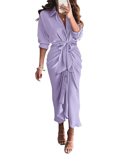 Photo 1 of BTFBM Women Long Sleeve Satin Dress 2025 Summer Spring Lapel V Neck Button Down Elegant Belted Ruched Maxi Shirt Dresses(Purple, Small)