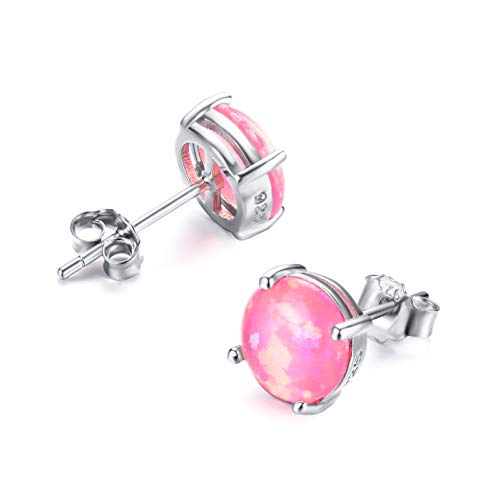 Junxin 925 Sterling Silver Round Cut Opal Stud Earrings Gift for women and girls 7.5MM(Orange)