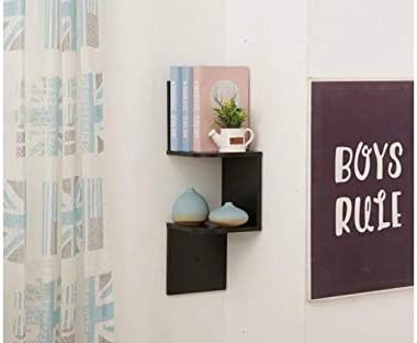 Zigzag 2 Tier Corner Floating Shelves Wooden Black Wall Mounted Zig Zag Bookshelf S Shaped Display Storage Rack