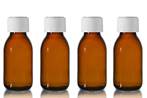 This Health 100ml Amber Glass Bottles with white Medicap lids ~ Pack of 4 ~ Child resistant closure, refillable, reusable, and travel sized strong medicine bottle.