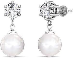 Use Coupon 18K White Gold Plated Stud Earrings for Women Swarovski Crystals and Freshwater Cultured Pearl - Dangle Earrings Hypoallergenic