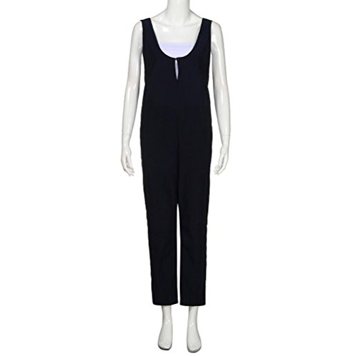 Highpot Women Plus Size Baggy Linen Overalls Wide Leg Pants Rompers Jumpsuit (M, Black)