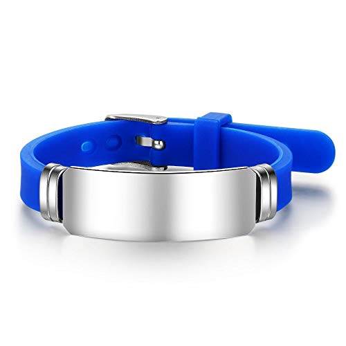 Free Engraving 9 Inches Silicone Adjustable Medical Bracelets Emergency ID Bracelets For Men Women Kids Stainless Steel Rubber Alert Bracelets (Blue) - Thumbnail 2