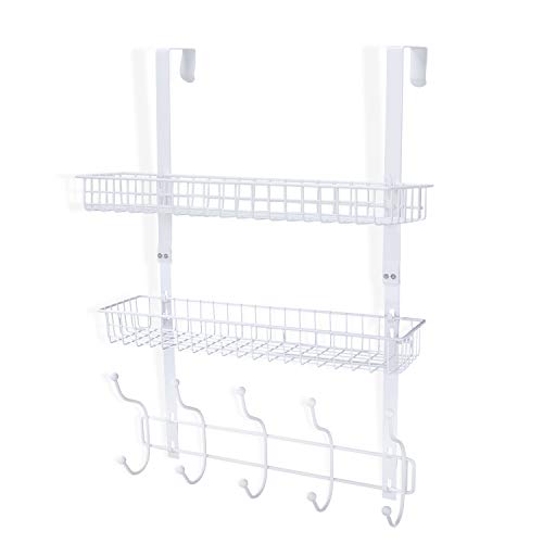 Coat Rack, MILIJIA Over The Door Hanger with Mesh Basket, Detachable Storage Shelf for Towels, Hats, Handbags, Coats (White-2 Layer)