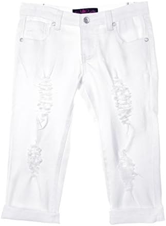 Lavo Girls Super Soft Stretch Fashion Capri Jeans With Rips tears &amp; Whiskers White Denim Size 6