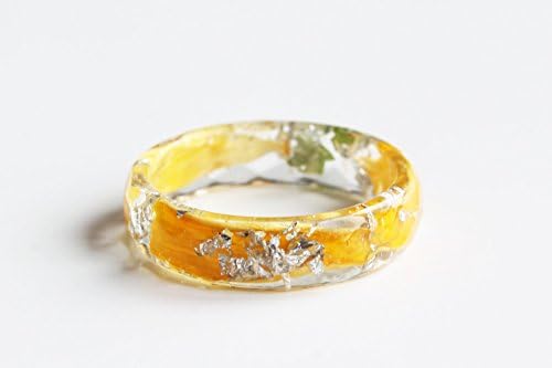 Eco Resin Ring With Natural Pressed Sunflower And Silver Flakes