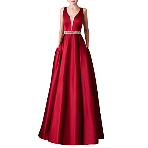 alignmentpai Women's Dresses, Elegant V Neck Open Back Sleeveless Satin Formal Prom Long Evening Dress for Party Red M
