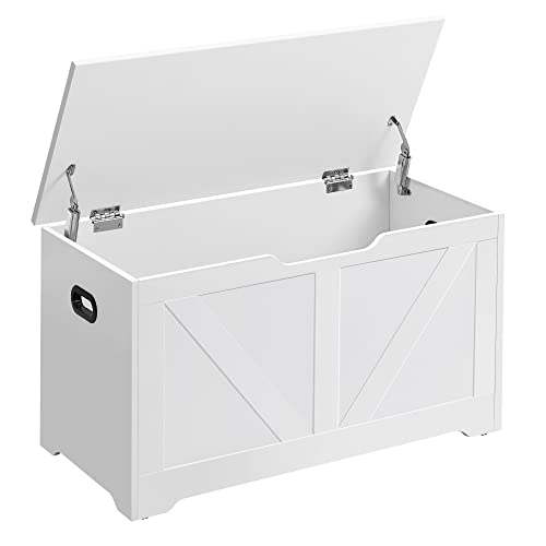 VASAGLE Storage Pouffe, Storage Bench with 2 Safety Hinges, Storage Chest, Shoe Bench, Country Style, 40 x 80 x 46 cm, for Hallway Bedroom Living Room, Cloud White LSB062T14