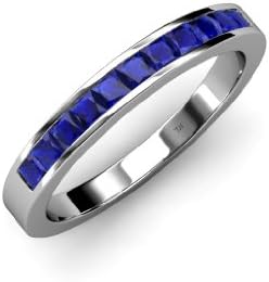 Blue Sapphire 11 Stone Princess Cut Wedding Band 0.60ct tw in 14K White Gold.size 9.0