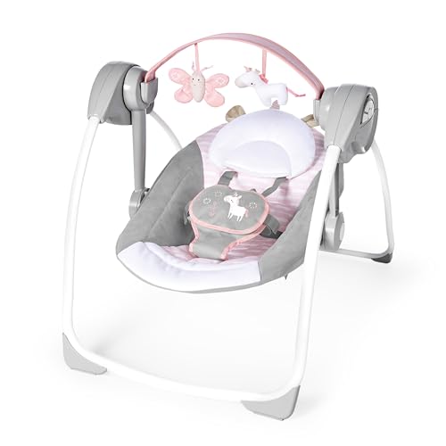 , Altalena e Dondolo Pieghevole e Compatta, Flora l'Unicorno - 6 Velocità di Oscillazione, Temporizzatore, 12 Melodie Rilassanti, Arco di Gioco Rimovibile, Rosa, per Neonato Fino a 9kg