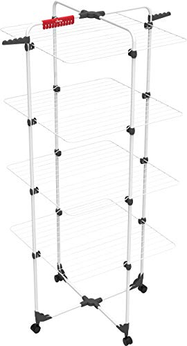 Vileda Mixer 4 Turmwäscheständer, Wäscheständer mit 4 Ebenen für bis zu 4 Waschladungen, Flex-Gelenk, rollbar, Höhe 1,64m, 40m Leinenlänge, Stahl, Comfort-Pack