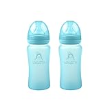 Wawita Glass Baby Bottle with Unique Silicone Protection, Anti-Colic Soft Silicone Nipple, Lightweight Breastfeeding Bottle, Medium Flow, 2 Count (Blue, 8 Ounces)