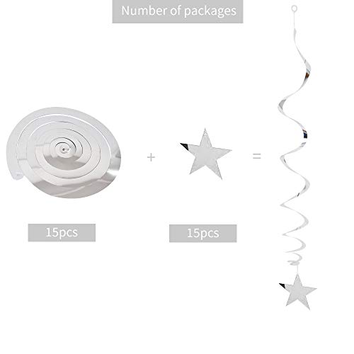 BEISHIDA Silver Star Hanging Swirl Decorations,Hanging Silver Party Supplies for Graduation Wedding Baby Shower Decorations, Pack of 15