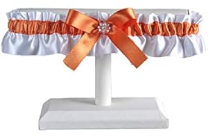 Orange and white satin wedding garter with iridescent flower and rhinestone, Orange prom and wedding lingerie, Toss or keepsa