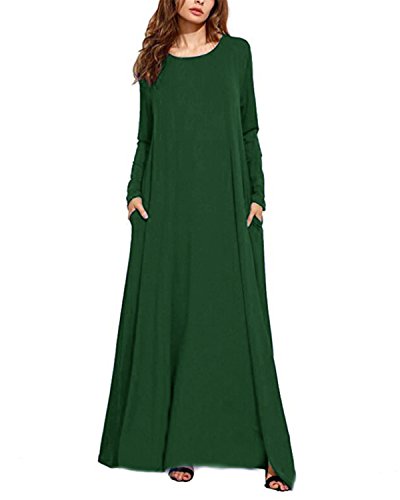 Kidsform Women Maxi Dress Long Sleeve Casual Loose Kaftan Party Long Dresses with Pockets Green 3XL