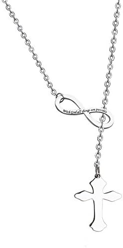 Silver Infinity Cross Necklace Bracelet Religious Jewelry Inspirational Gift,With God All Things are Possible,For Children, Friends, Graduation, school,Best Gift (SV Infinite Cross Necklace)