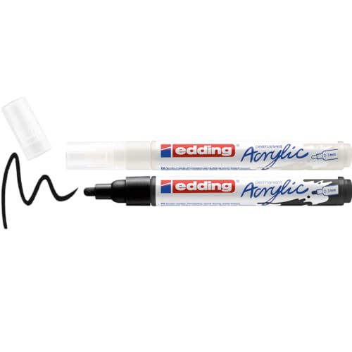 edding 5100 acrylic 2-piece set – black & white – 2 waterproof acrylic markers – medium round tip 2–3 mm – acrylic pens for outlines & details – painting on canvas, paper, wood, stone, terracotta