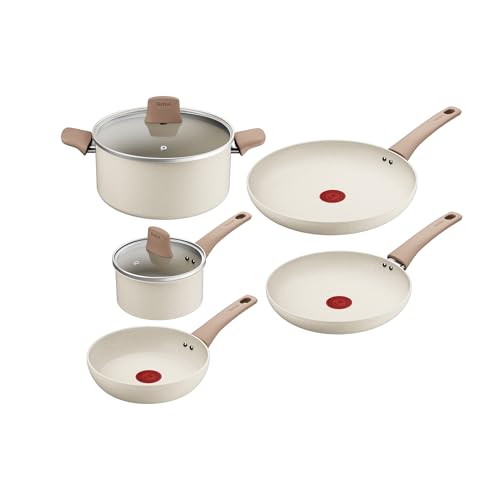 Tefal Stone White, 7-Piece Cookware Set, Frying Pans 20/24/28 cm, Saucepans with Lids 16/24 cm, Fixed Handle, Non-Stick Coating, 100% Recycled Aluminium Body, Temperature Indicator, G199S544
