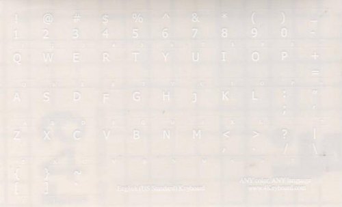 ENGLISH US KEYBOARD STICKERS WITH WHITE LETTERING ON TRANSPARENT BACKGROUND FOR DESKTOP, LAPTOP AND NOTEBOOK