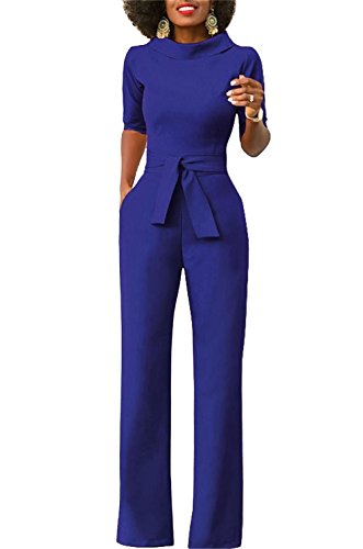 KISSMODA Women Winter Casual Short Sleeve Drawstring Harem Jumpsuit Romper Pants Blue Large
