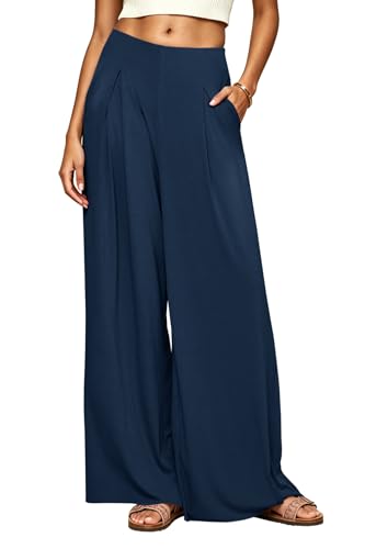 Womens Flowy Wide Leg Pants Ribbed High Waisted Pleated Palazzo Trouser at Amazon