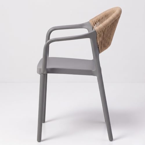 MARCOLO Chair with Arms, Outdoor Plastic Dining Armchair, Weather & UV Resistant Patio Chair for Balcony, Garden, Kitchen & Indoor Outdoor Use, Modern Rope-Style Design, 41x53.5x82cm (Grey)