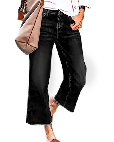 PEIHOT WOMENS RAW HEM WIDE LEG JEANS BLACK MID WAISTED STRAIGHT LEG JEANS DISTRESSED DENIM PANTS 2023 TRENDY