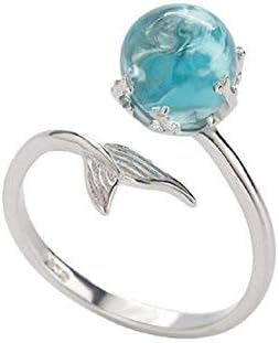 Fashion Mermaid Blue Zircon Ring, Elegant Silver-Plated Ring Adjustable Ring for Women Girlfriend Girl Jewelry Valentine's Ring