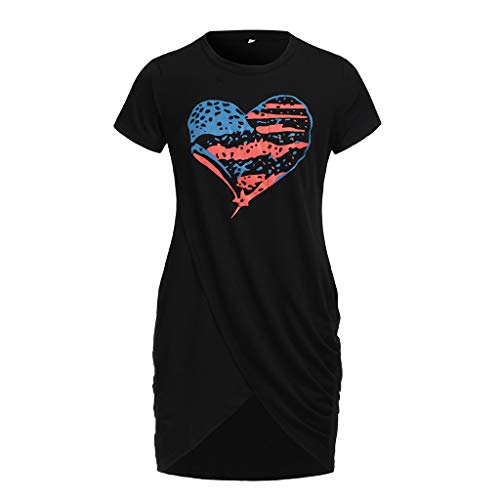 SMALLE◕‿◕ 2019 Women Mini Dress,Love Heart USA Flag Print Short Sleeve Cross Split Mini Dress-‘Independence Day’ Line Black - Thumbnail 3