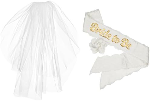Bachelorette"Bride to Be" 2 Tier Plain Edge Veil & White Satin & Lace Sash with Gold Lettering for Hen & Bridal Shower Party