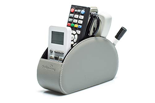 Remote Control Holder with 5 compartments Leather Caddy Organizer for Table,Bed,Wall Mount,Office,Room,to TV, DVD, Blu-Ray, Media Player, Heater Controllers(Gray)