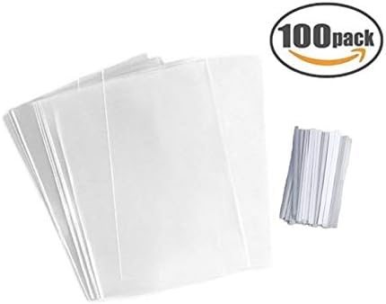 6x8" Clear PP Plastic Poly Bags - Flat Opened End - for Treats and Party Favors (100 Count) + White Paper Twist Ties - Food Safe