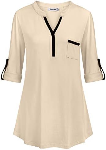 Tencole Roll Up Sleeve V Neck Tunic Shirts Business Casual Blouse Tops for Women