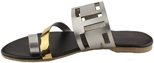 Foot Wagon Grey Square Cut Work Flats | Black Slippers |Golden Straps | Flats |Ladies Sandal |Shine Straps|Straps|Women…