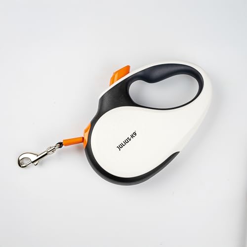 Julius-K9 Retractable Dog Lead, M - 5 m Tape, White/Orange – anti-slip handle, ribbon leash, extandable, one handed brake, pause, lock, reflective ribbon, tangle free, heavy duty