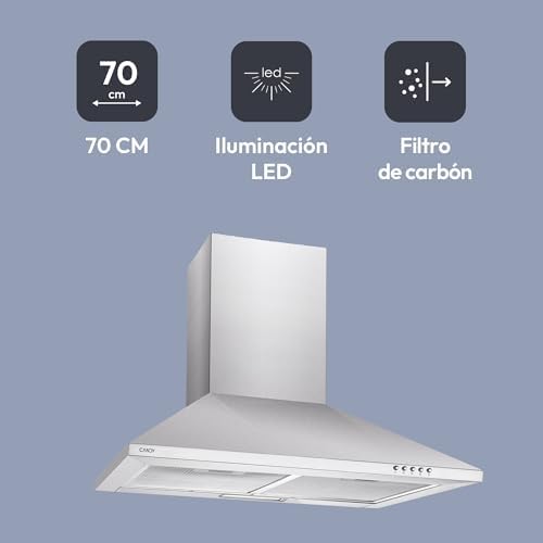 CCE117/1X, Campana extractora 70 CM, 3 Niveles de Potencia, 65W, 305M3/H, Filtros de Carbono, 2 Paneles Aluminio Antigrasa, Iluminación LED, 56/62DB, Clase C, Acero Inoxidable