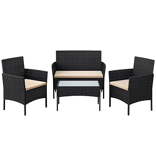 SONGMICS GGF004BZ03 4 Seater PE Resin Woven Outdoor Patio Balcony Garden Furniture Set with 1 Table, 2 Garden Chairs and 1 Outdoor Bench 2 Seater