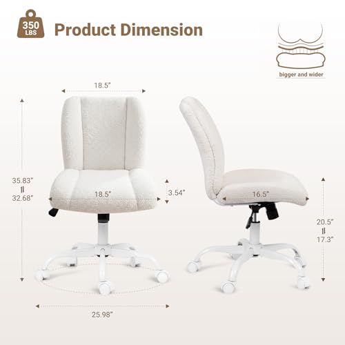 KRAMZMING Vanity Chair with Wheels, Cute Desk Chair with Back, Armless Office Chair Height Adjustable, Soft Lumbar Support for Small Space, Bedroom, Make-up Room（White）
